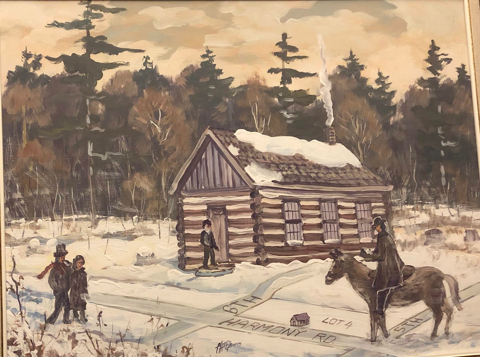 An artist's depiction of Kedron's first log church in a winter forest