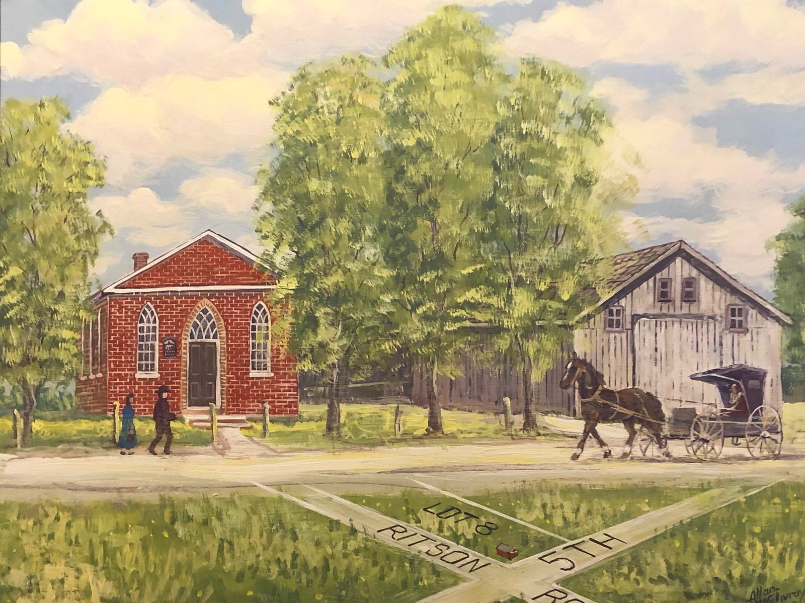 An artist's depiction of Kedron's third red brick church and adjoining buildings